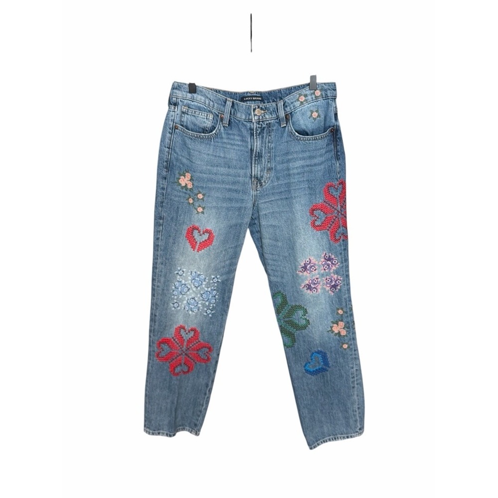 Lucky Brand Embroidered Mid Rise Boy Jeans Sz 8 / 29 Denim Boho Relaxed Festival